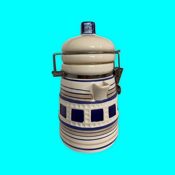 Vintage Lighthouse Teapot Canister with Bale Blue and White As Is READ 8.5"x4.5" - Picture 4 of 10